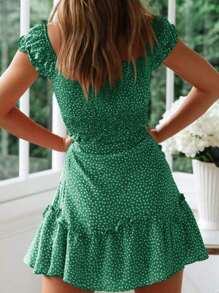 Women's Fashionable Ruffle Sleeve Mini Dress With Sweetheart Neckline And Summer Print - Green - View 3
