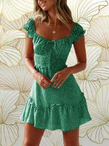 Women's Fashionable Ruffle Sleeve Mini Dress With Sweetheart Neckline And Summer Print - Green - View 1