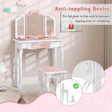 Lifezeal Kids Vanity Table & Stool Set With Cute Polka Dot Print Tri-Folding Mirror Drawer Pink&White/Light Pink&White/Pink&Black/Blue/Pink - 粉色 - 查看 8