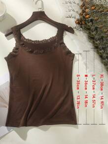 1pc Women Solid Color Lace Trim Decor Round Neck Camisole Tank Top Vest With Contrast Neckline, Sleeveless, Lightweight