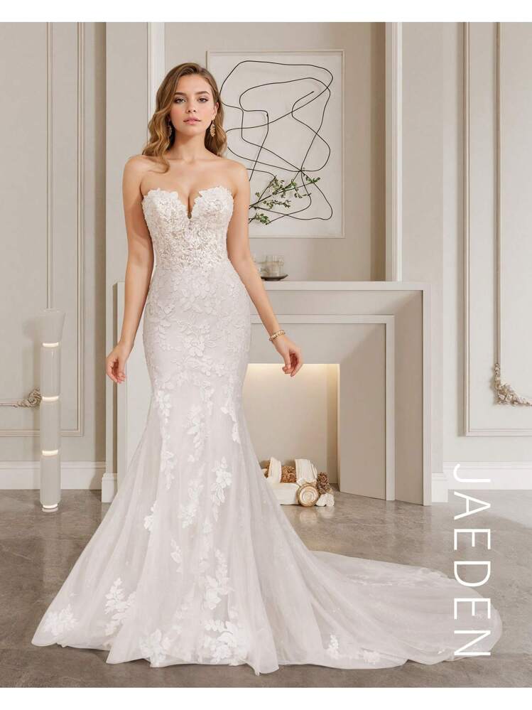 JAEDEN Elegant Sweetheart A-Line Wedding Dress With Detailed Lace Appliqus  And Open Back | SHEIN USA