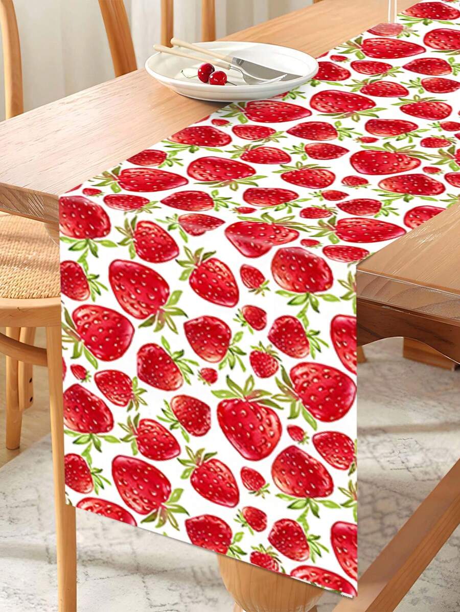 1pc Cute Strawberry Tablecloth, 70.8x13.7inch Polyester Material Happy Birthday Party Table Runner, Birthday Decoration, Fruit Strawberry Theme Dinner Party Table Decor - Multicolor - View 1