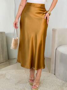 LULU RUN Women's Flowy A-Line Satin Midi Skirt - Brown - View 4