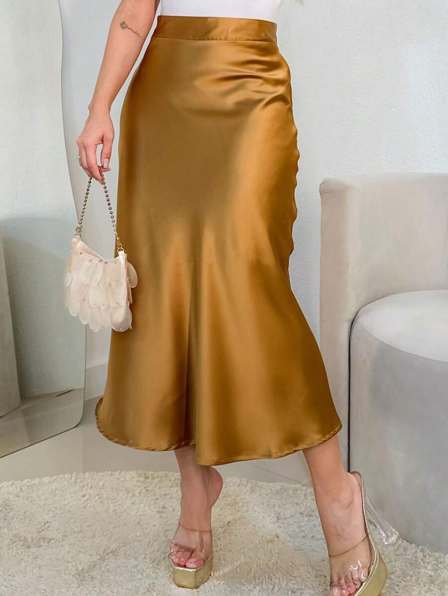 LULU RUN Women's Flowy A-Line Satin Midi Skirt - Brown - View 1