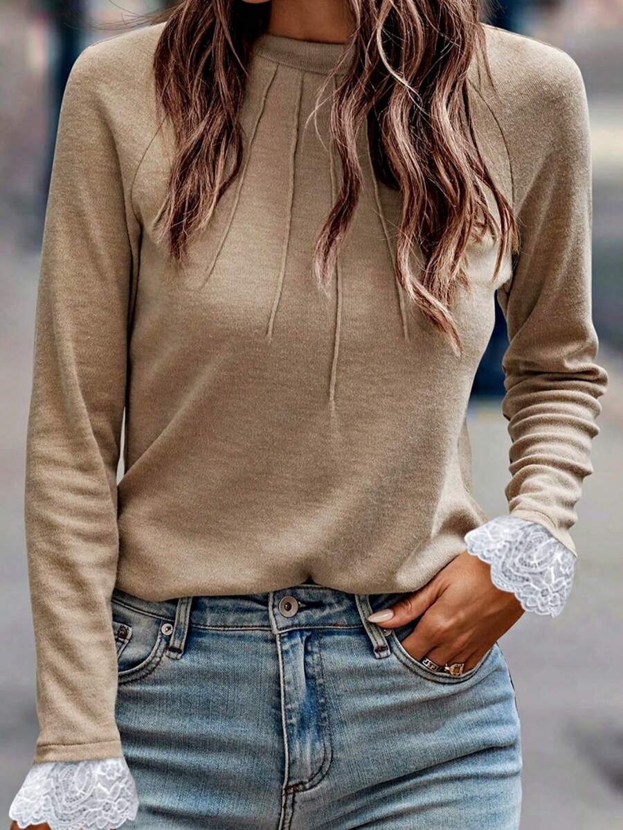 Boho Retro Vintage  90's Khaki Beige Apricot Ruffle V Neck Half Sleeve Loose Top Shirt Blouse - Lace Cuff B - View 1