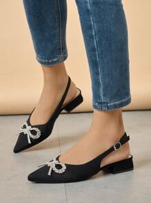 Zapatos de tacón alto de punta fina elegantes para mujer con decoración de cristales, tacones gruesos estables, Top de tela y suela de PU, zapatos formales negros para vestir en verano - Negro - Ver 6