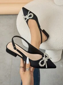 Zapatos de tacón alto de punta fina elegantes para mujer con decoración de cristales, tacones gruesos estables, Top de tela y suela de PU, zapatos formales negros para vestir en verano - Negro - Ver 1