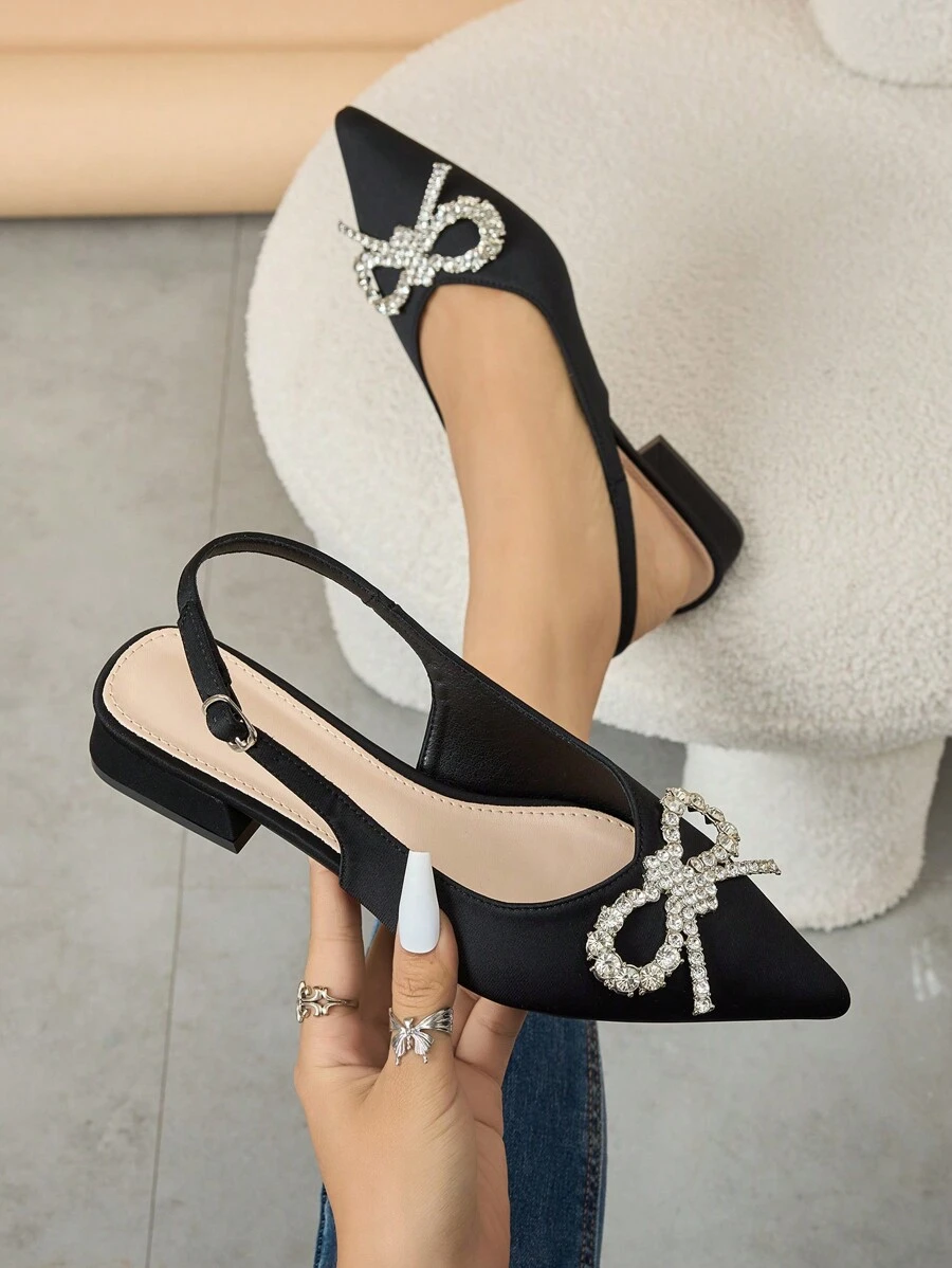 Zapatos de tacón alto de punta fina elegantes para mujer con decoración de cristales, tacones gruesos estables, Top de tela y suela de PU, zapatos formales negros para vestir en verano - Negro - Ver 1