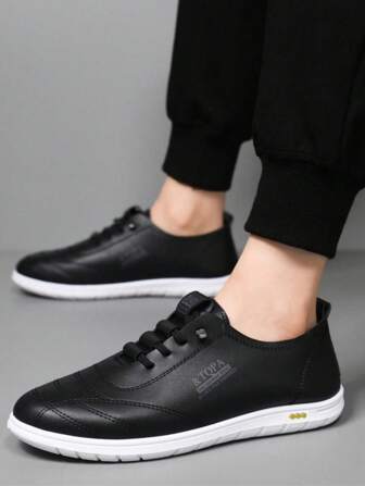 男士春季休闲黑色皮革软底运动鞋，轻便商务办公正装鞋，系带平底鞋，适合青年和老年男士