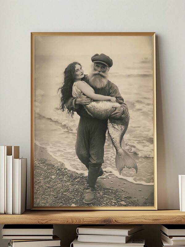 1pc Mermaid Vintage Wall Art,Couples Quirky Bathroom ,Fun Fantasy Creature Art,Nautical Decor Idea For Mermaidcore Room,For Dorm,Apartment,Bedroom,Living Room,Modern Home Decoration,Unframed