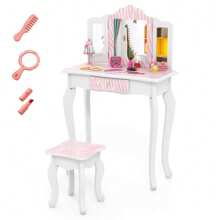 Lifezeal Kids Vanity Table & Stool Set With Cute Polka Dot Print Tri-Folding Mirror Drawer Pink&White/Light Pink&White/Pink&Black/Blue/Pink - 淺粉紅色和白色 - 查看 2