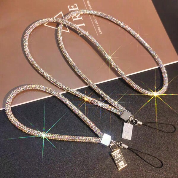 Cinturino per il collo con cristalli e strass, ciondolo portachiavi, decorazione cordino da polso, pendaglio per donna, corta catena per telefono