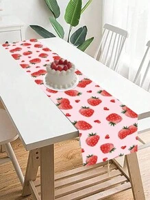 1pc Cute Strawberry Tablecloth, 70.8x13.7inch Polyester Material Happy Birthday Party Table Runner, Birthday Decoration, Fruit Strawberry Theme Dinner Party Table Decor - Multicolor - View 4