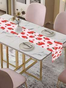 1pc Cute Strawberry Tablecloth, 70.8x13.7inch Polyester Material Happy Birthday Party Table Runner, Birthday Decoration, Fruit Strawberry Theme Dinner Party Table Decor - Multicolor - View 5