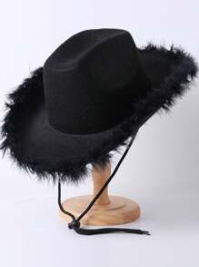 Fluffy Feather Brim Cowboy Cowgirl Hat With Feathers For Women And Men - 黑色 - 查看 3