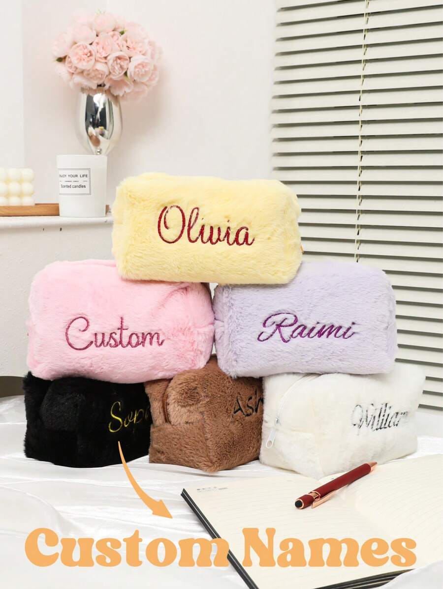 Personalized Fluffy Makeup Bag, Quilted Fluffy Cosmetic Bag, Fuzzy Makeup Bag, Solid Color Cosmetic Pouch, Embroidered Name Fluffy Cosmetic, Personalized Gift, Toiletry Bag Women, Makeup Bag, Fluffy Bag Pouch Travel Bag,Multi-Functional,Ornamental,Letter,Solid Color,Exquisite,Stylish,Vintage,Modern,Colorful,Leisure,Basics,Casual,Soft,Unique,Customized,Personalized,Custom,Ideal Gifts For Her,Girlfriend,Her,Boyfriend,Friends, Easy Comfort