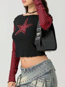 Women Girls Y2k Fairy Grunge T-Shirt Star Graphic Striped Long Sleeve Crop Tops Vintage Aesthetic Baby Tee Shirt Goth Clothes - 酒紅色 - 查看 4