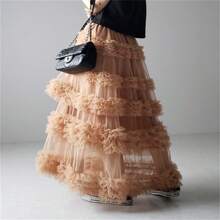Women's Tulle A-Line Long Skirt High Waist Sheer Mesh Tiered Ruffled Skirt For Summer, Spring - 卡其色 - 查看 2