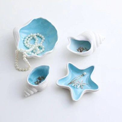 1 件装饰性陶瓷珠宝托盘，贝壳，海星形饰品盘，陶瓷戒指和耳环架，海洋主题装饰盘，适用于戒指、耳环、项链、手镯、手表、钥匙、浴室、卧室、办公室、家居装饰最佳