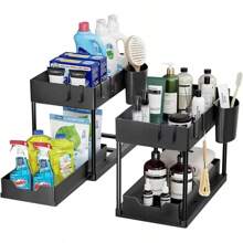 Organizador deslizante de 2 niveles con canastas, bastidor de almacenamiento con ganchos para colgar tazas, organizador de baño y cocina debajo del fregadero