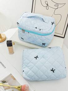 1 Pieza Conjunto de bolsa de maquillaje acolchada con moño, bolsa de cosméticos portátil grande y linda de gran capacidad, organizador de artículos de tocador para viajes, bolsa de maquillaje esponjosa de mano, estuche para productos de cuidado de la piel, esencial para cruceros, necesario para dormitorios, regalo para dama de honor de boda, regalo para mamá, regalo de cumpleaños, regalo para amigos, regalo para maestros, decoración del hogar