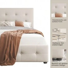 Cama tapizada 90x200 cm, cama individual, cama con dos cajones, cama juvenil plana, cama de invitados, tela de terciopelo, beige - Beis - Ver 4