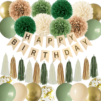 女士绿色生日派对装饰，配有生日快乐横幅、薄纸绒球、纸流苏、圆形花环、悬挂漩涡、派对装饰用的生日气球、鼠尾草绿色装饰、女士生日横幅