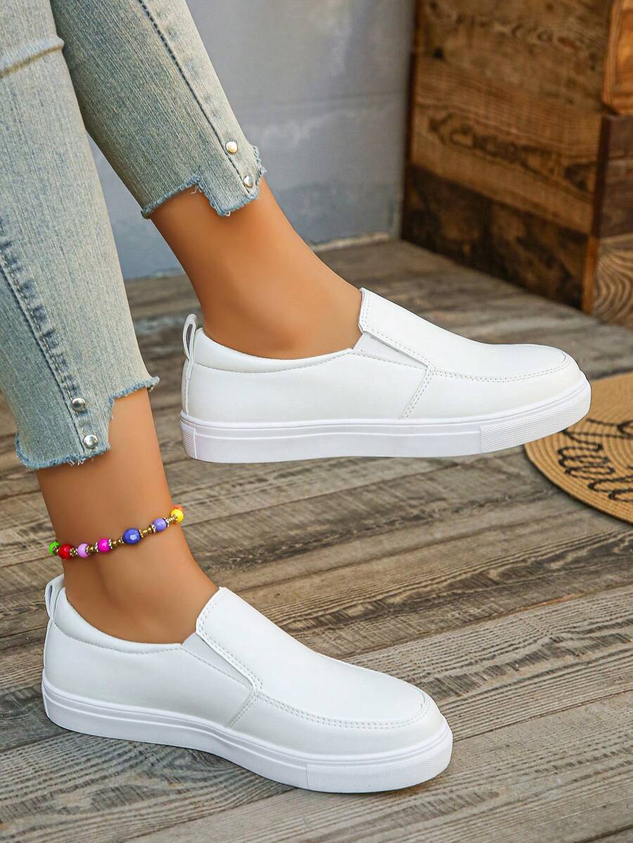 Women's Flat Shoes, Casual Flat Shoes, Classic White Sneakers, Comfortable & Versatile, Indoor Work Shoes, Outdoor Wear, Casual Sports Shoes, Slip-On Loafers, Ladies Shoes - White - View 1