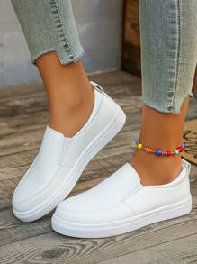 Women's Flat Shoes, Casual Flat Shoes, Classic White Sneakers, Comfortable & Versatile, Indoor Work Shoes, Outdoor Wear, Casual Sports Shoes, Slip-On Loafers, Ladies Shoes - White - View 5