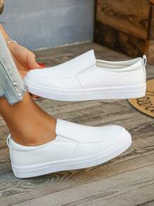 Women's Flat Shoes, Casual Flat Shoes, Classic White Sneakers, Comfortable & Versatile, Indoor Work Shoes, Outdoor Wear, Casual Sports Shoes, Slip-On Loafers, Ladies Shoes - White - View 2