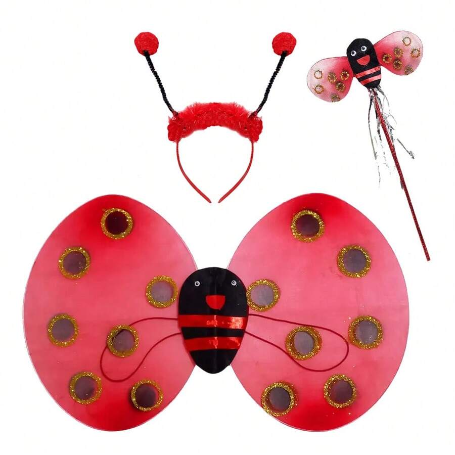 Kit Asa de Joaninha com Varinha e Tiara Vermelha - Multicolorido - Visão 1