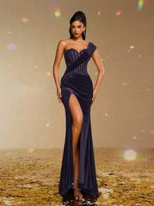 Smilprince Váy dạ hội dài bó sát cổ cao bằng nhung đen thanh lịch, váy dự tiệc sang trọng, váy dạ hội cho nữ, váy dạ hội trang trọng, váy dự tiệc cưới - Màu tím hoa cà - Xem 2