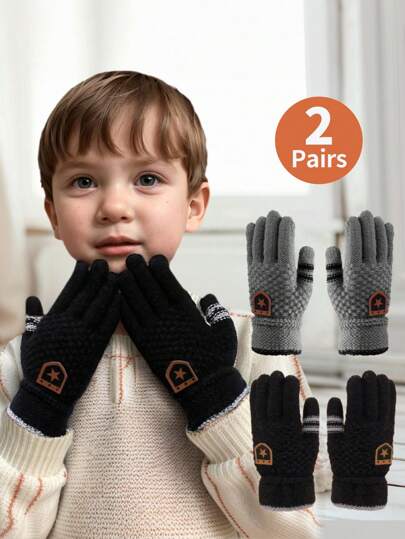 2 双儿童冬季针织手套带星星补丁，防寒保暖，适合户外