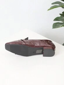 Women's Flat Shoes, Square Toe, Patent Leather Crocodile Print, Metal Buckle, Shallow, Vintage Wine Red, Casual Fashionable Versatile Date Shoes, Autumn - Burgundy - View 4