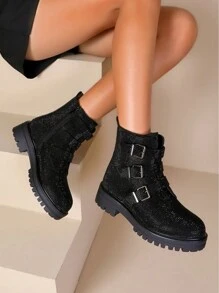 Women's Rhinestone Wedge Ankle Boots With Adjustable Straps - Black - View 1