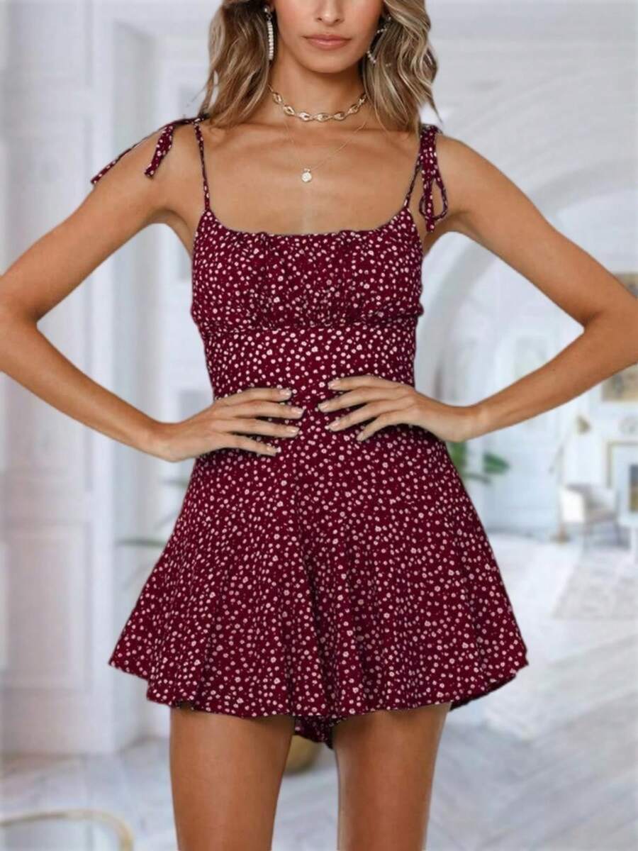 Women's Boho Floral Wide Leg Short Romper Spaghetti Strap Smocked Jumpsuit - Màu Đỏ Sâu - Xem 1