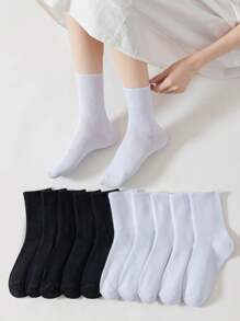 10 双/套女士黑白条纹及膝袜，透气、吸湿排汗、防臭