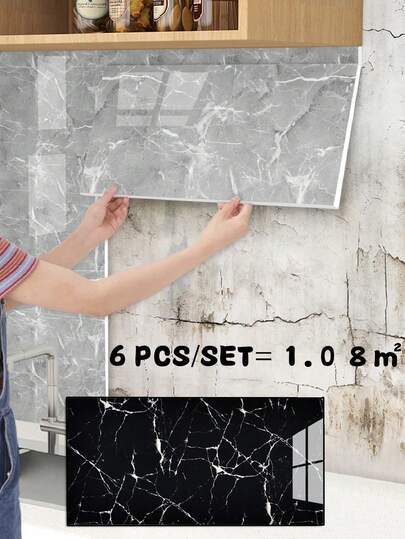 6pcs 1.08㎡ Black/Grey Faux Marble Pattern Porcelain Tile Stickers For Kitchen, Waterproof, Moisture Proof, Pvc And Aluminum Self-Adhesive Wall Stickers