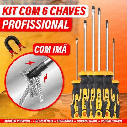 Kit 6 Chaves Fenda Philip Profissionais Imantadas Magnéticas Cabo Emborrachado 6 Peças