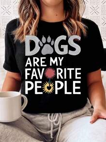Dog Is My Favorite Pet Print Women's T-Shirt, Summer Women's Fashion, Casual, Comfortable, Soft, Daily Outdoor Sports, Fitness, Breathable Round Neck Short Sleeve T-Shirt