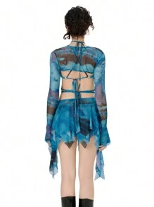 Women's 3 Piece Summer Outfits Long Sleeve Shrug Tops Tie Dye Print Vest Irregular Mini Skirt Set - Blue - View 7