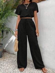 Women's Two Piece Set Solid Color Batwing Sleeve Top And Short Straight Pants - Black - View 3