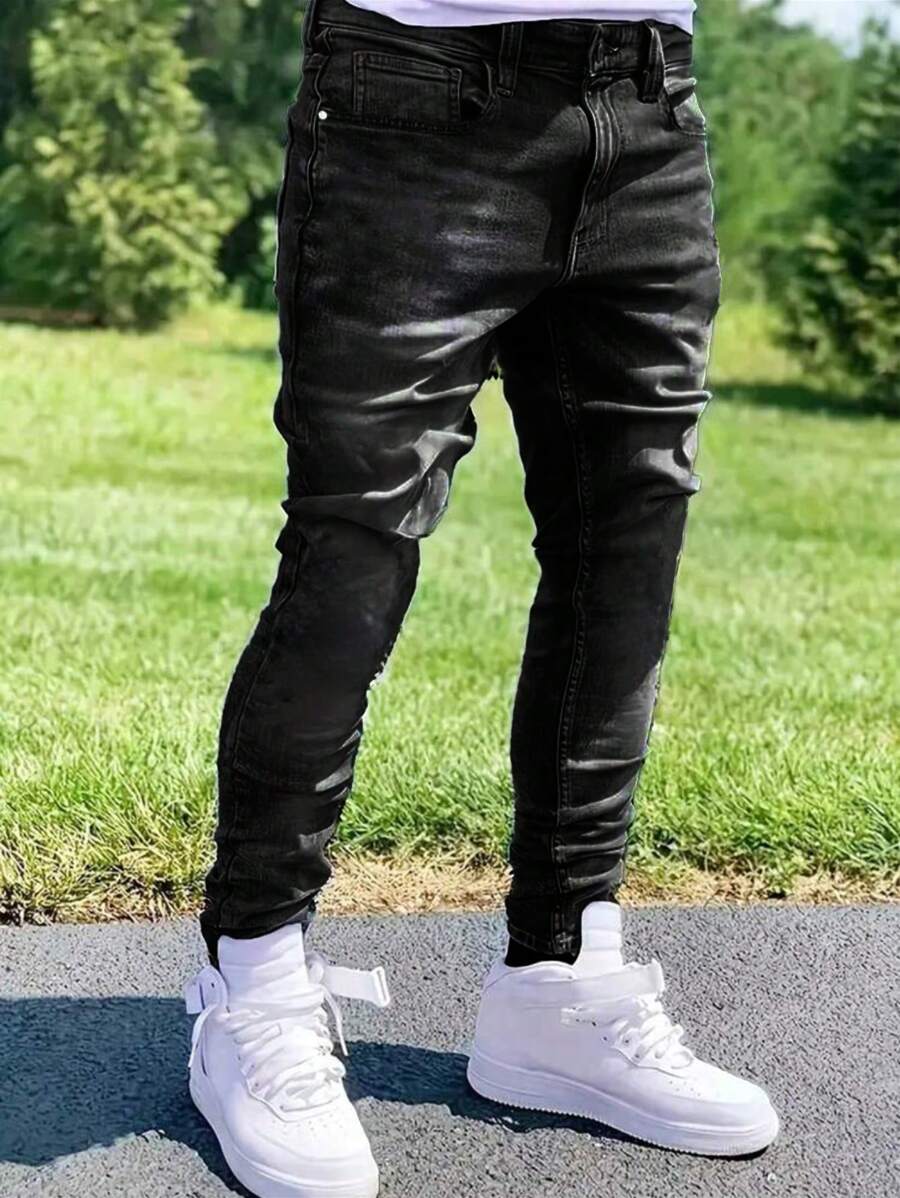 1 件男士弹力牛仔裤，休闲街头服饰，透气，纯色，修身，适合休闲城市散步，亲子户外活动，四季皆宜 - 黑色 - 查看 1