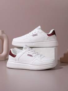 Fashionable Women Minimalist Skateboard Shoes, White Leather Upper Thick Sole Lace-Up Low-Top Casual Sneakers, Comfortable & Personalized For Vacation