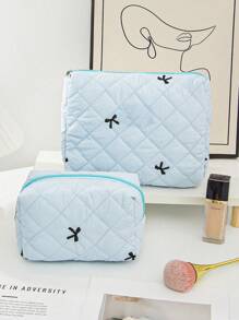 1 Pieza Conjunto de bolsa de maquillaje acolchada con moño, bolsa de cosméticos portátil grande y linda de gran capacidad, organizador de artículos de tocador para viajes, bolsa de maquillaje esponjosa de mano, estuche para productos de cuidado de la piel, esencial para cruceros, necesario para dormitorios, regalo para dama de honor de boda, regalo para mamá, regalo de cumpleaños, regalo para amigos, regalo para maestros, decoración del hogar
