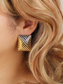 1 Pair Fashionable Stainless Steel Stud Earrings, 18K Gold Plated Bi-Color Square Earrings For Women, Daily Wear