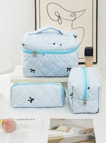 1 Pieza Conjunto de bolsa de maquillaje acolchada con moño, bolsa de cosméticos portátil grande y linda de gran capacidad, organizador de artículos de tocador para viajes, bolsa de maquillaje esponjosa de mano, estuche para productos de cuidado de la piel, esencial para cruceros, necesario para dormitorios, regalo para dama de honor de boda, regalo para mamá, regalo de cumpleaños, regalo para amigos, regalo para maestros, decoración del hogar