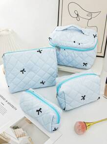 1 Pieza Conjunto de bolsa de maquillaje acolchada con moño, bolsa de cosméticos portátil grande y linda de gran capacidad, organizador de artículos de tocador para viajes, bolsa de maquillaje esponjosa de mano, estuche para productos de cuidado de la piel, esencial para cruceros, necesario para dormitorios, regalo para dama de honor de boda, regalo para mamá, regalo de cumpleaños, regalo para amigos, regalo para maestros, decoración del hogar
