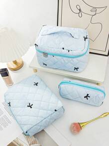 1 Pieza Conjunto de bolsa de maquillaje acolchada con moño, bolsa de cosméticos portátil grande y linda de gran capacidad, organizador de artículos de tocador para viajes, bolsa de maquillaje esponjosa de mano, estuche para productos de cuidado de la piel, esencial para cruceros, necesario para dormitorios, regalo para dama de honor de boda, regalo para mamá, regalo de cumpleaños, regalo para amigos, regalo para maestros, decoración del hogar