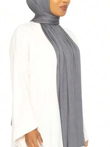 1pc Soft Solid Color Hijab Scarf, Jersey Knit Long Headscarf For Women - Dark Grey - View 5